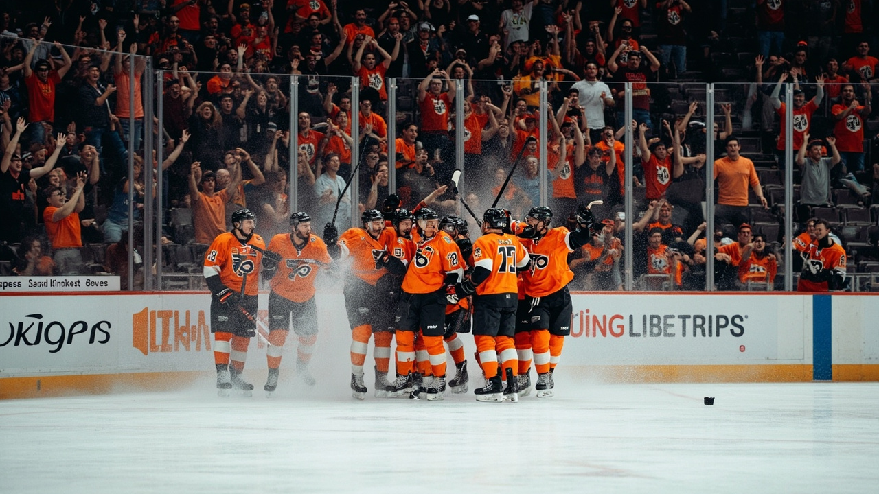 Flyers players celebrating on ice at Xfinity Mobile Arena, fans packed in the upper deck