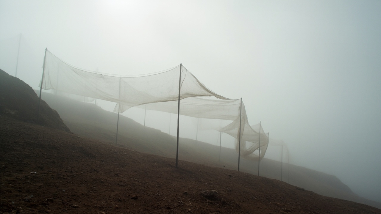 Dense coastal fog rolling in over arid hillside with fog-collection nets silhouetted against sky