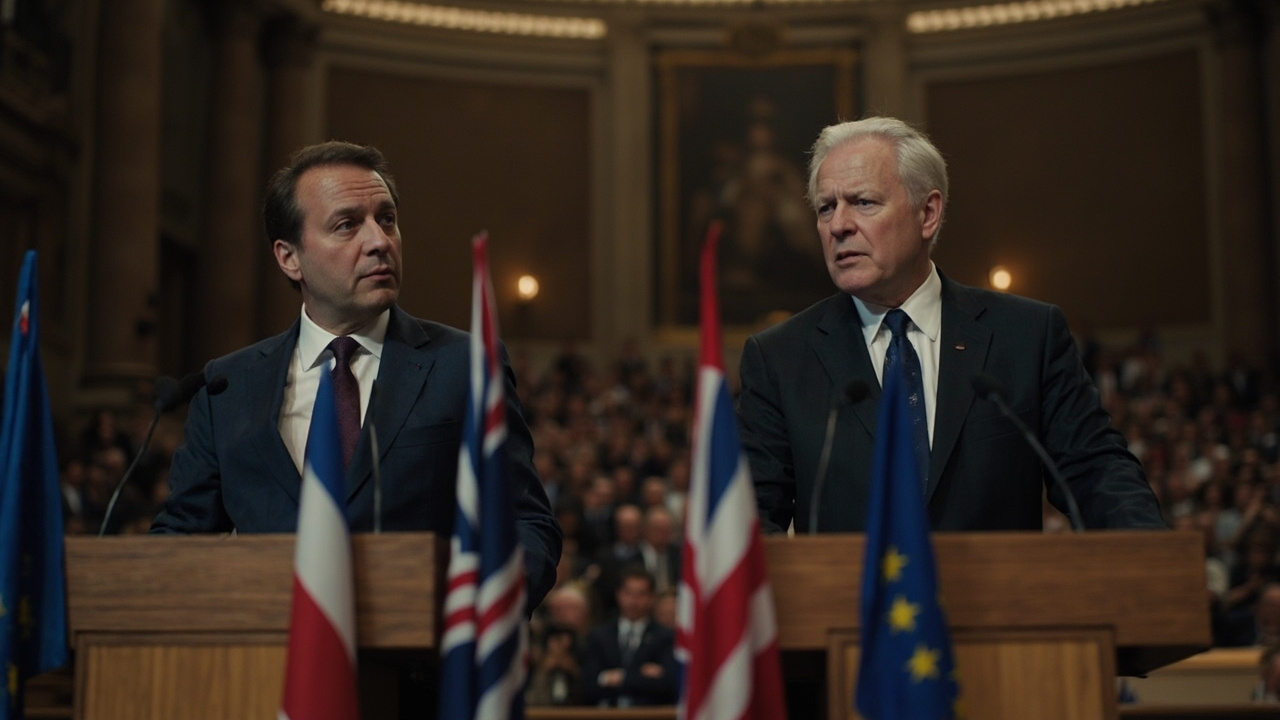 Macron and Starmer at a joint press conference, EU and UK flags behind them, in formal diplomatic setting
