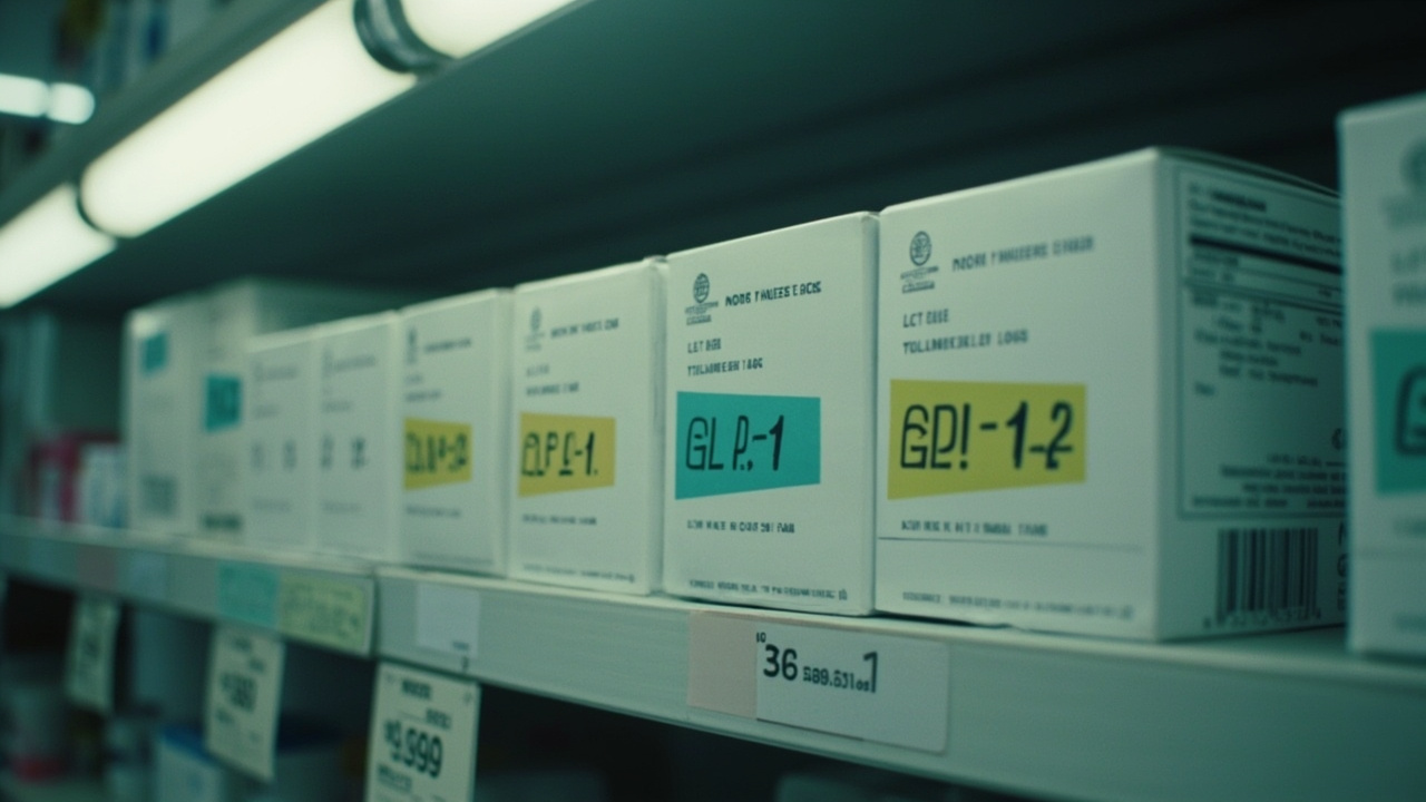 Rows of GLP-1 medication boxes on pharmacy shelf, price tags visible