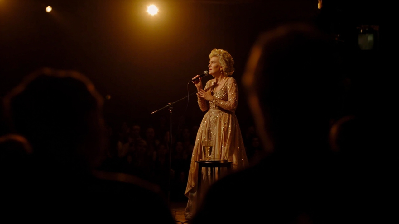 An older woman in a sequined gown performing on a stage with dramatic lighting and a microphone in hand