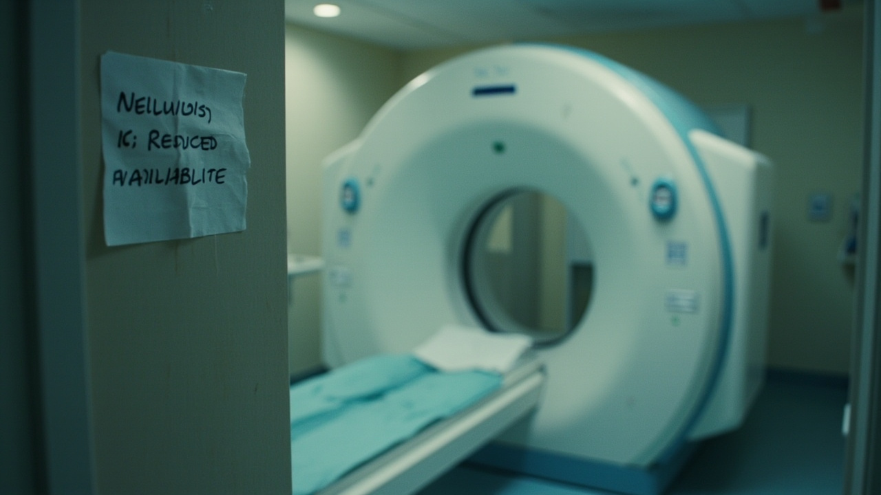 An MRI machine in a hospital scanner room, dimly lit, with an out-of-service sign on the door