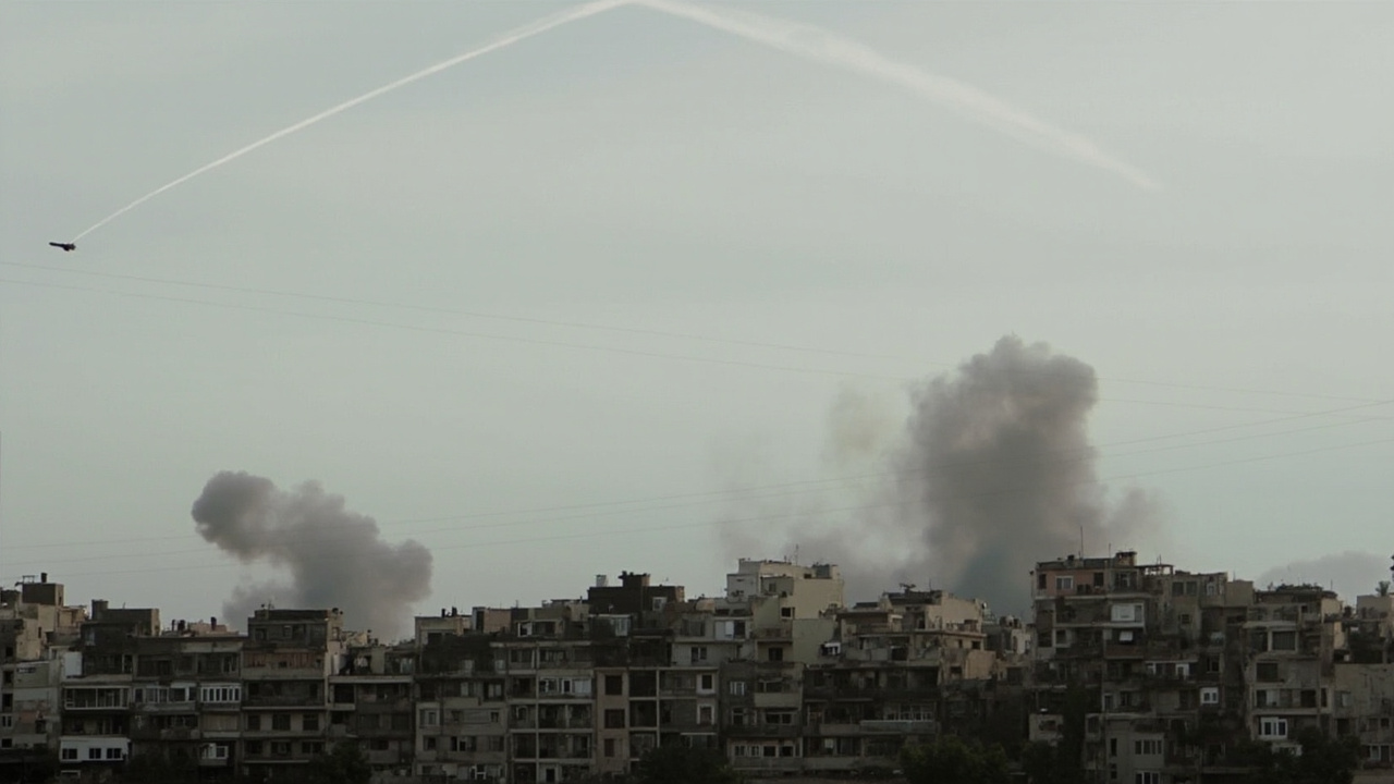 Smoke rising from buildings in a northern Israeli town with Iron Dome contrails visible in the sky