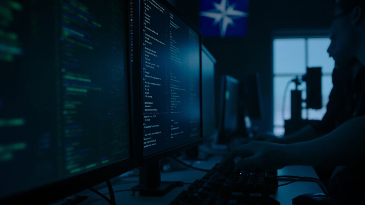 Dark computer screen showing lines of data with a NATO logo visible in background