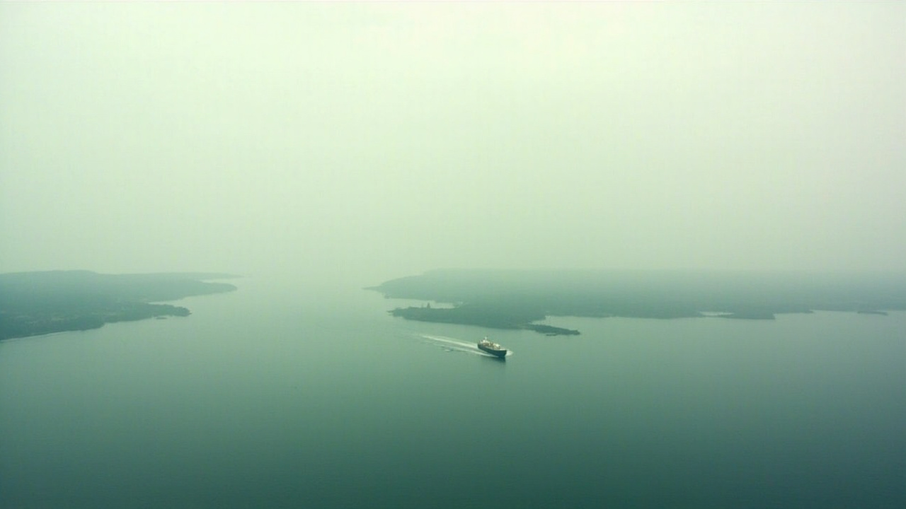 An oil tanker navigating a narrow waterway with distant land visible on both sides