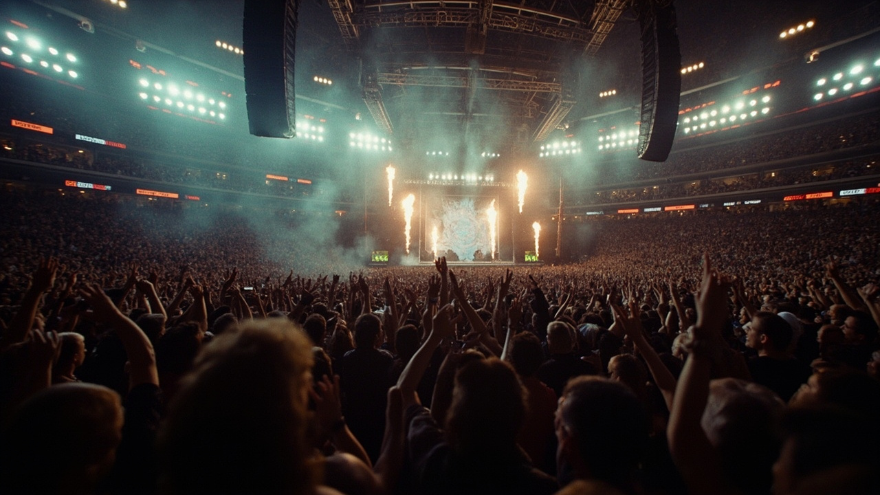 Iron Maiden on stage at massive outdoor concert, Eddie mascot banner behind them, crowd extending to horizon