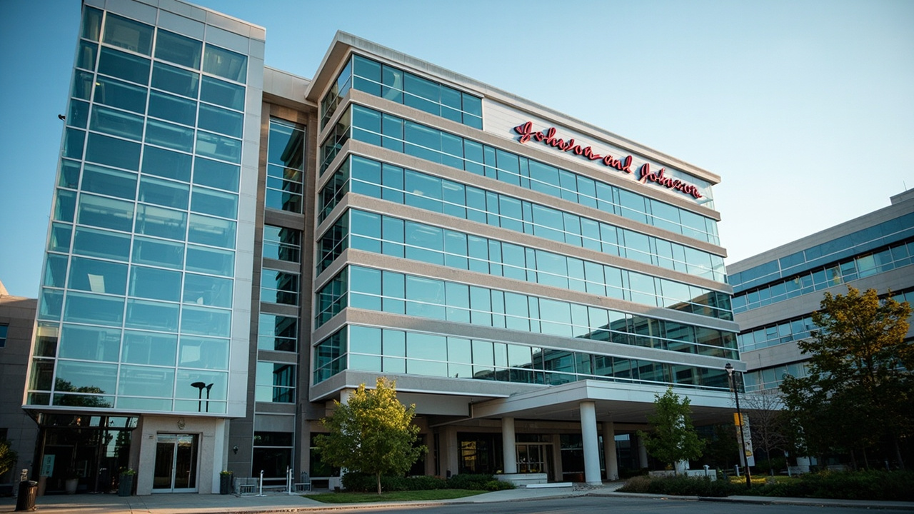 Johnson and Johnson corporate headquarters exterior with pharmaceutical imagery
