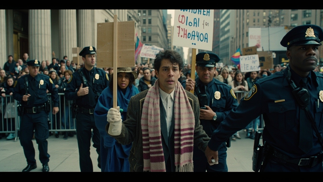 Protesters with Jewish Voice for Peace signs being escorted by police outside a federal building in New York City