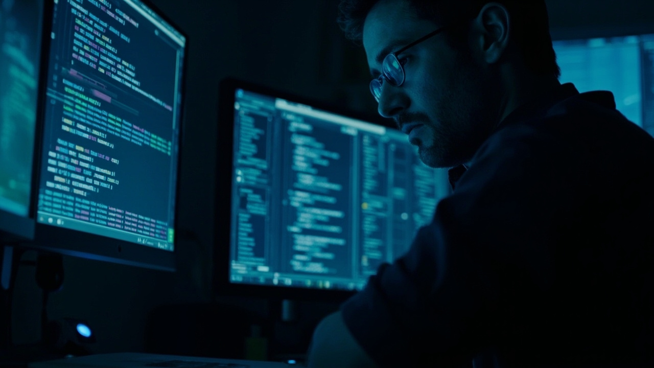 Developer staring at multiple screens with AI code outputs, office dark except for screen glow