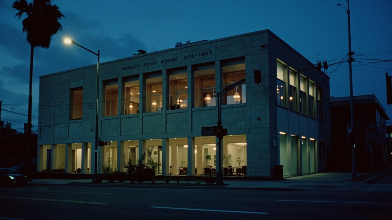 LAPD police headquarters building exterior with data visualization overlay concept