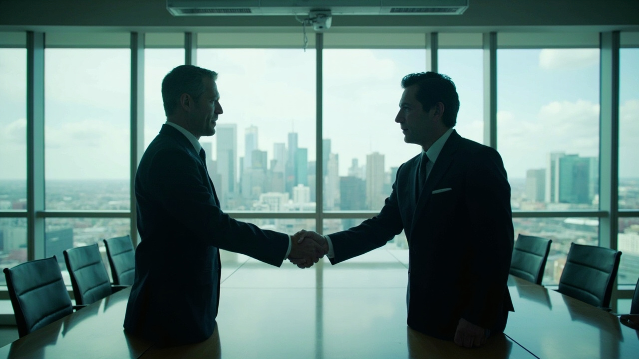 Two executives shaking hands in a corporate boardroom with city skyline visible through floor-to-ceiling windows