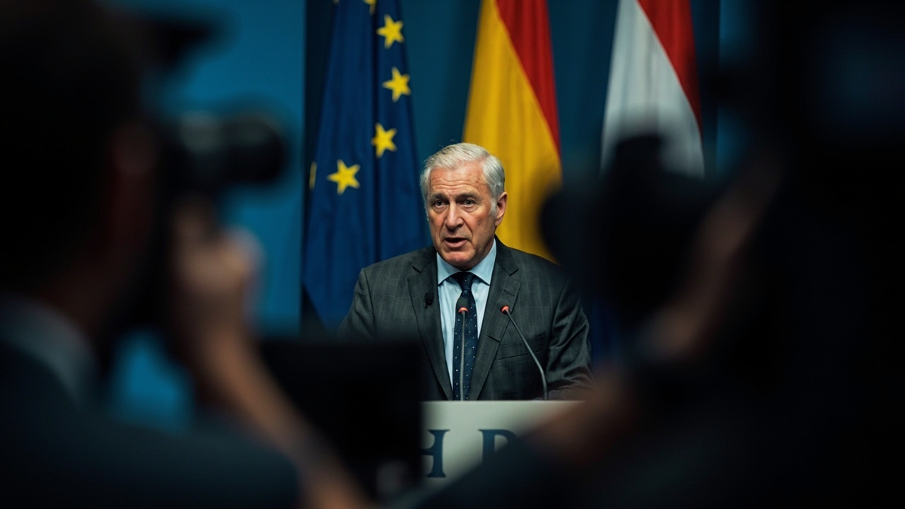 A male politician in a dark suit at a press conference flanked by EU and Hungarian flags