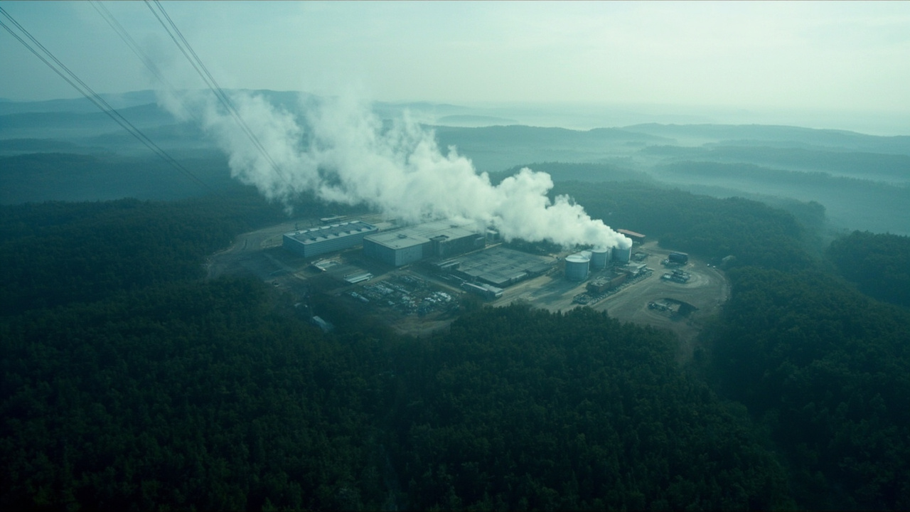 Aerial view of large data center facility surrounded by Maine forest and power lines