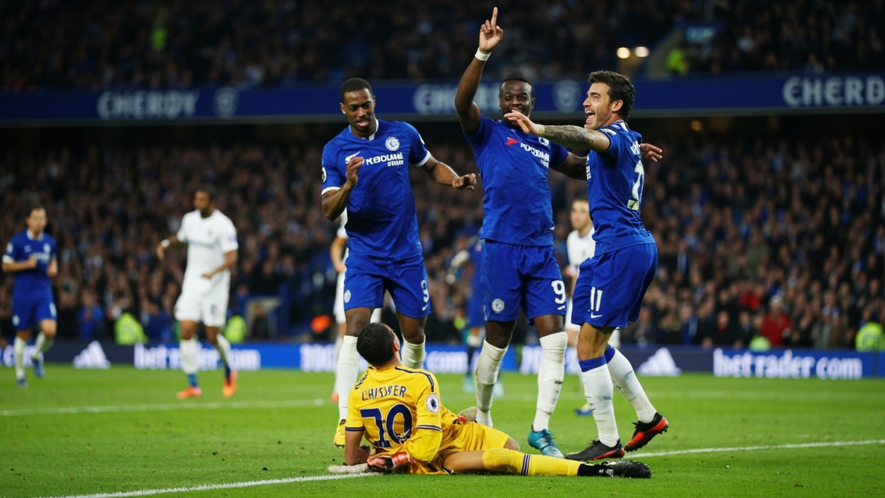 Manchester City players celebrating a goal at Stamford Bridge, goalkeeper diving helplessly