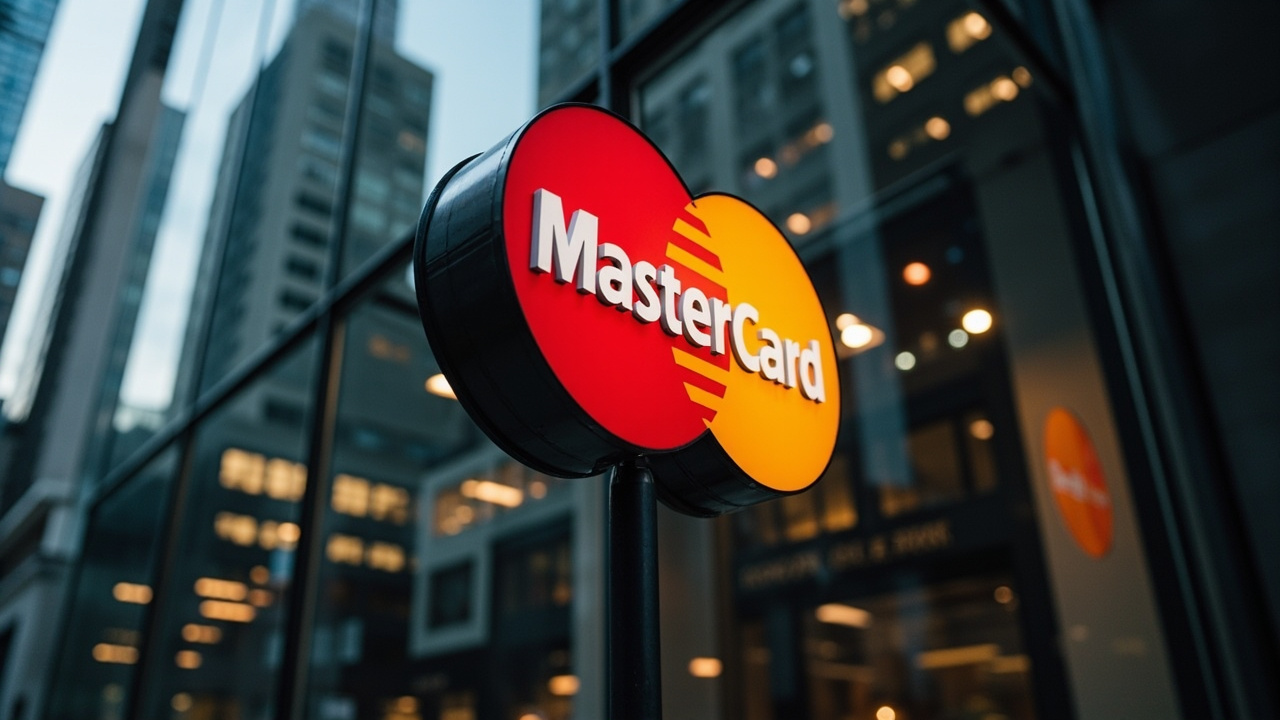 Mastercard logo on building exterior with cryptocurrency market graphics in background
