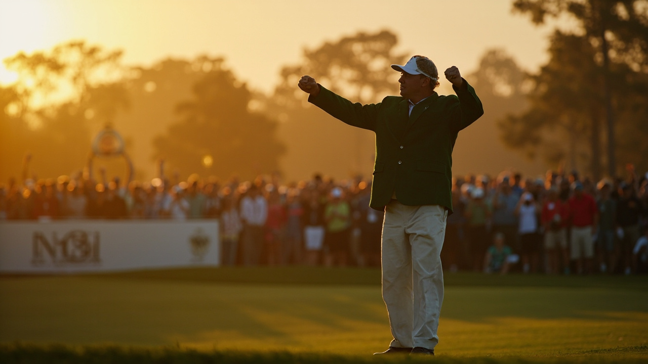 Golfer in green jacket celebrating on Augusta 18th green