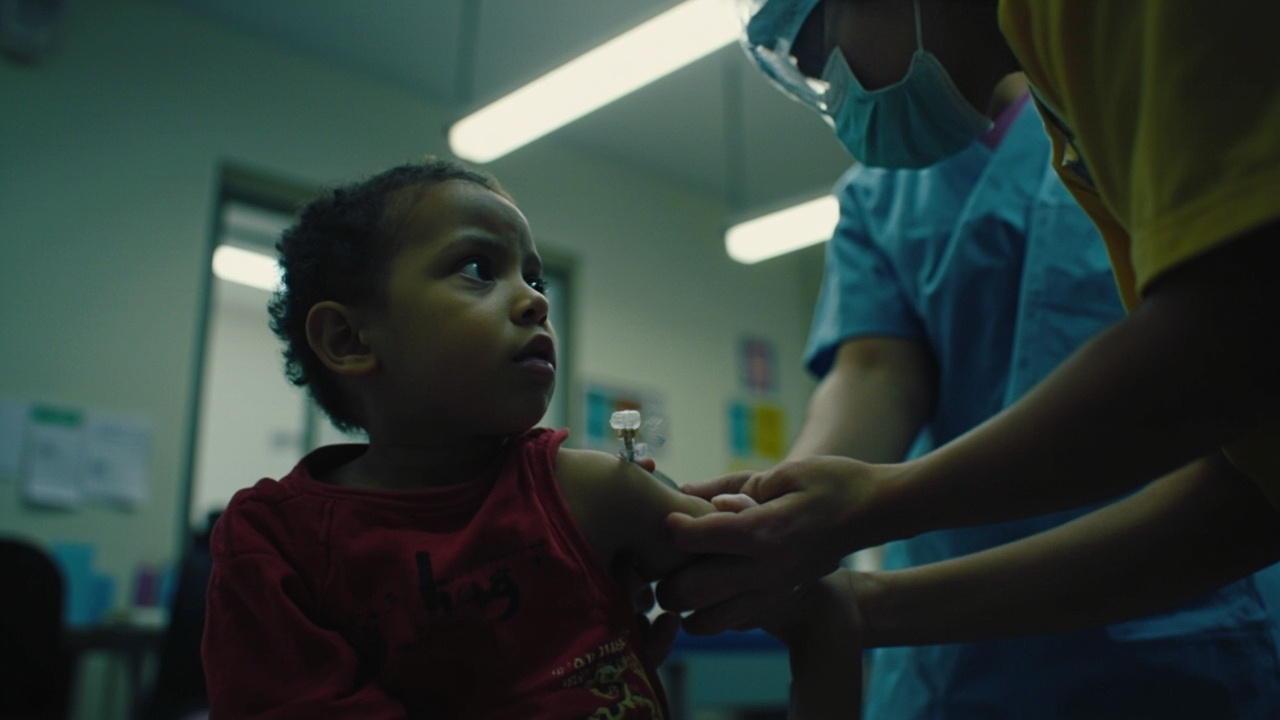 Child receiving a vaccine injection in a public health clinic, nurse in background