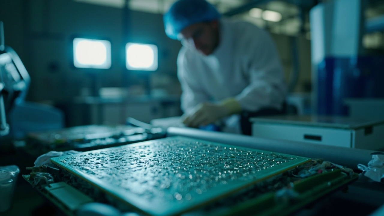 A silicon wafer with chip circuitry under bright cleanroom lighting, technician in background