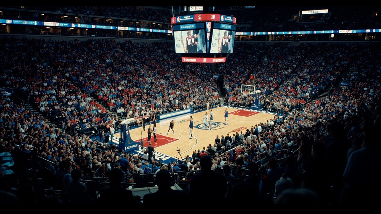 A packed NBA arena with floor-level lighting and fans holding blue and red signs in the lower bowl