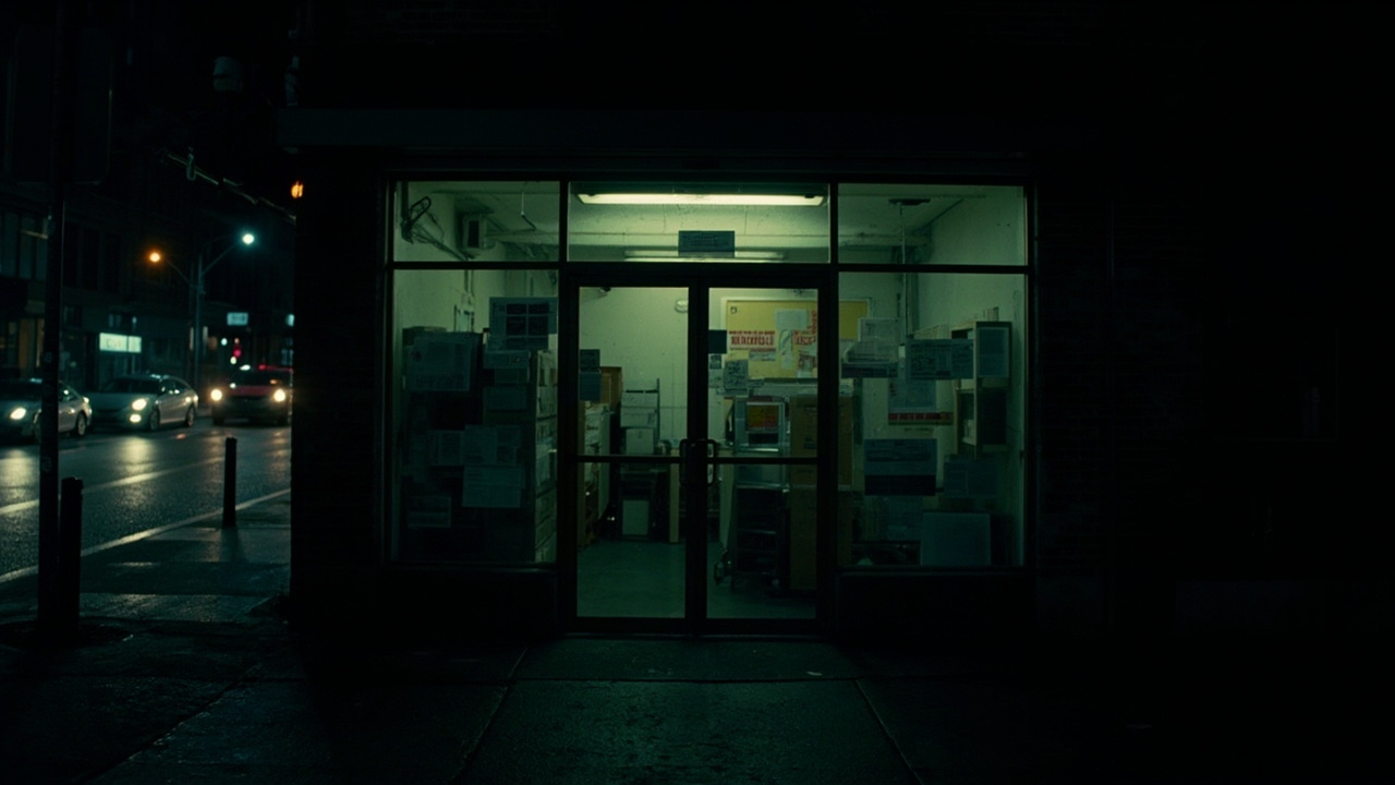 A newspaper office entrance at night with locked doors and no interior lights visible