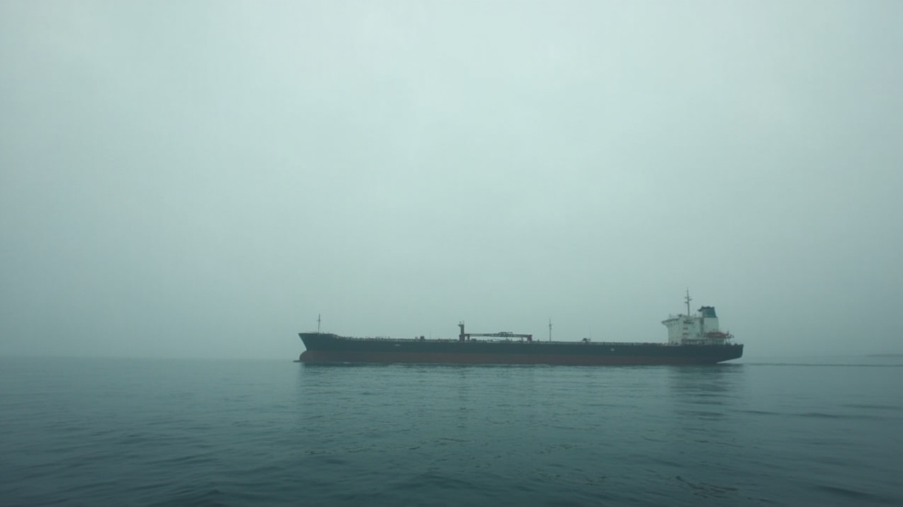 Oil tanker at sea with price chart overlay showing declining trend