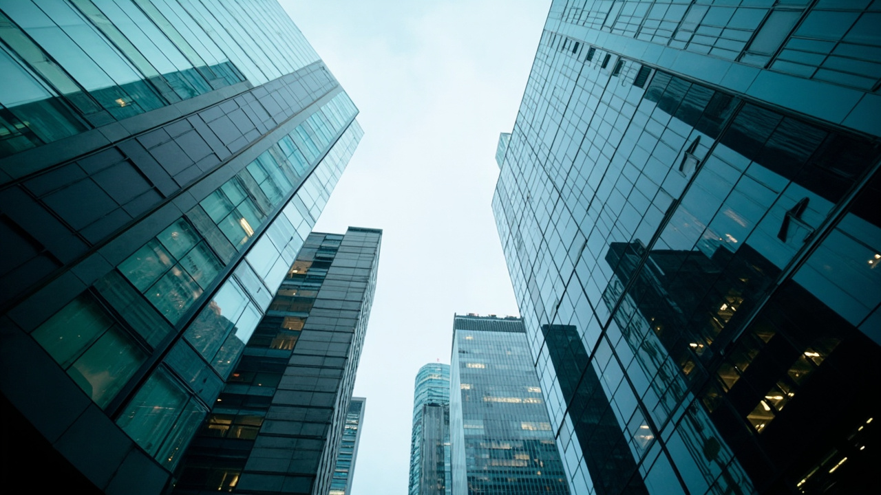 Three corporate logos on glass building facades with city skyline in background