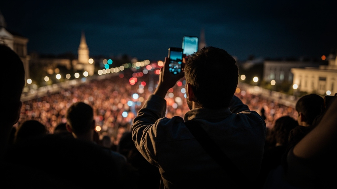 A man holds a smartphone at a large outdoor rally in Budapest at night, crowd stretching into darkness