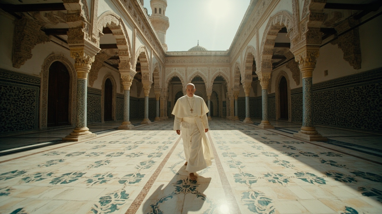 A figure in white papal vestments walking barefoot through an ornate mosque courtyard
