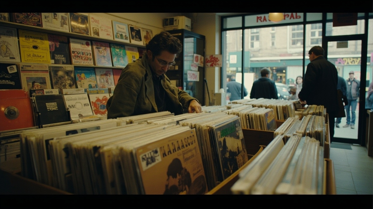 A record store counter crowded with vinyl releases and customers lined up before opening