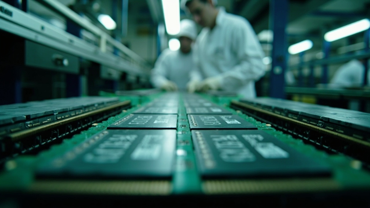 Rows of DRAM memory chips on a manufacturing line under clean-room lighting