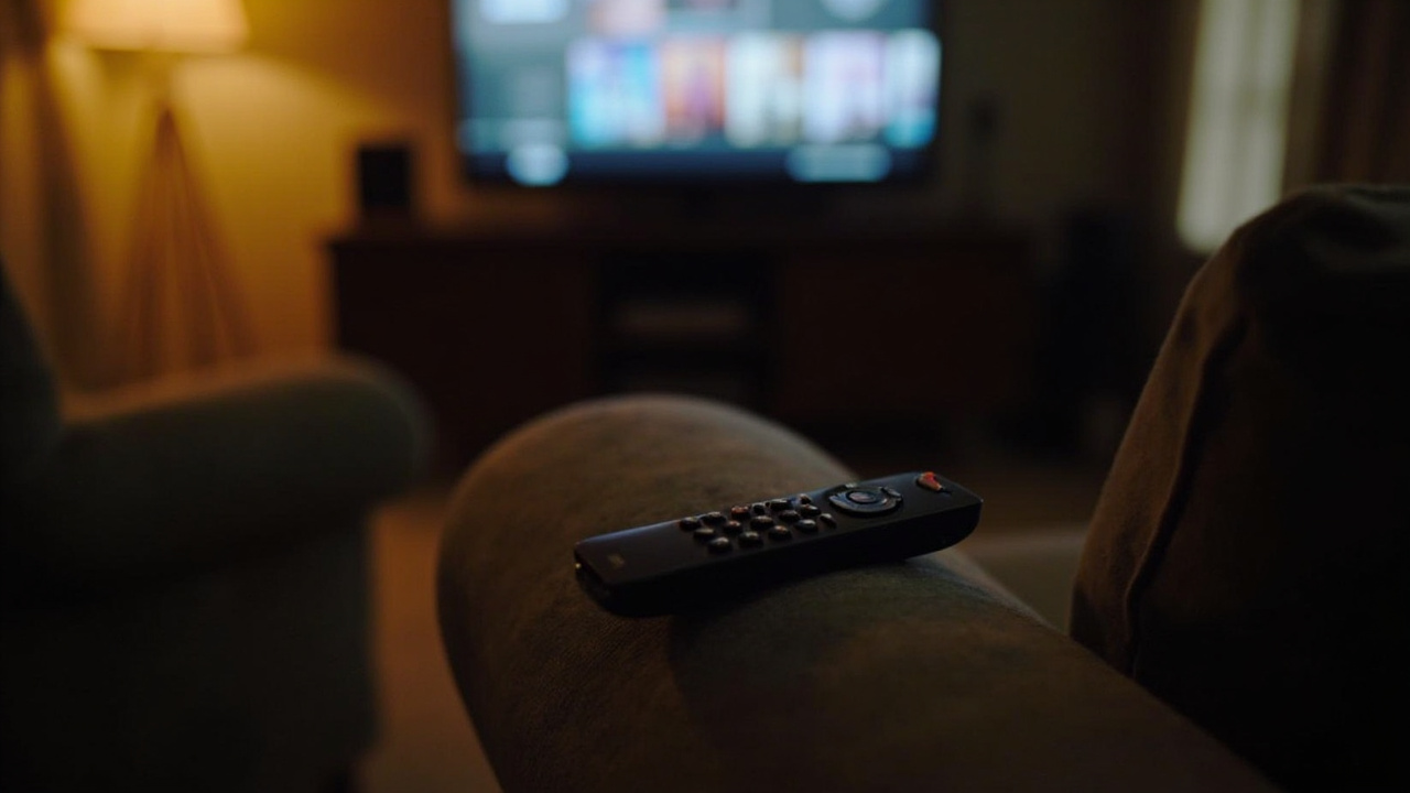Television remote control on a couch, streaming service logos blurred in background on TV screen