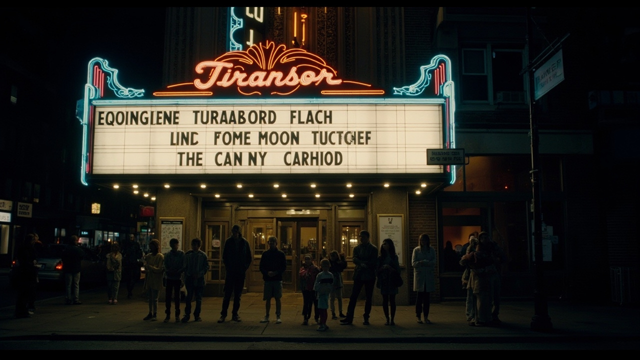 Movie theater marquee displaying Super Mario Galaxy Movie, long queue of families waiting to enter