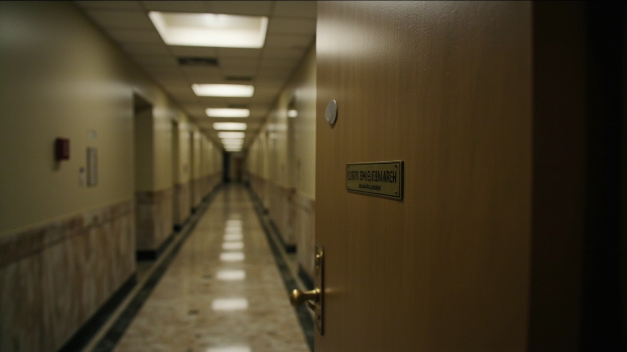 Empty Congressional office, name plates removed from door, hallway of Capitol building visible