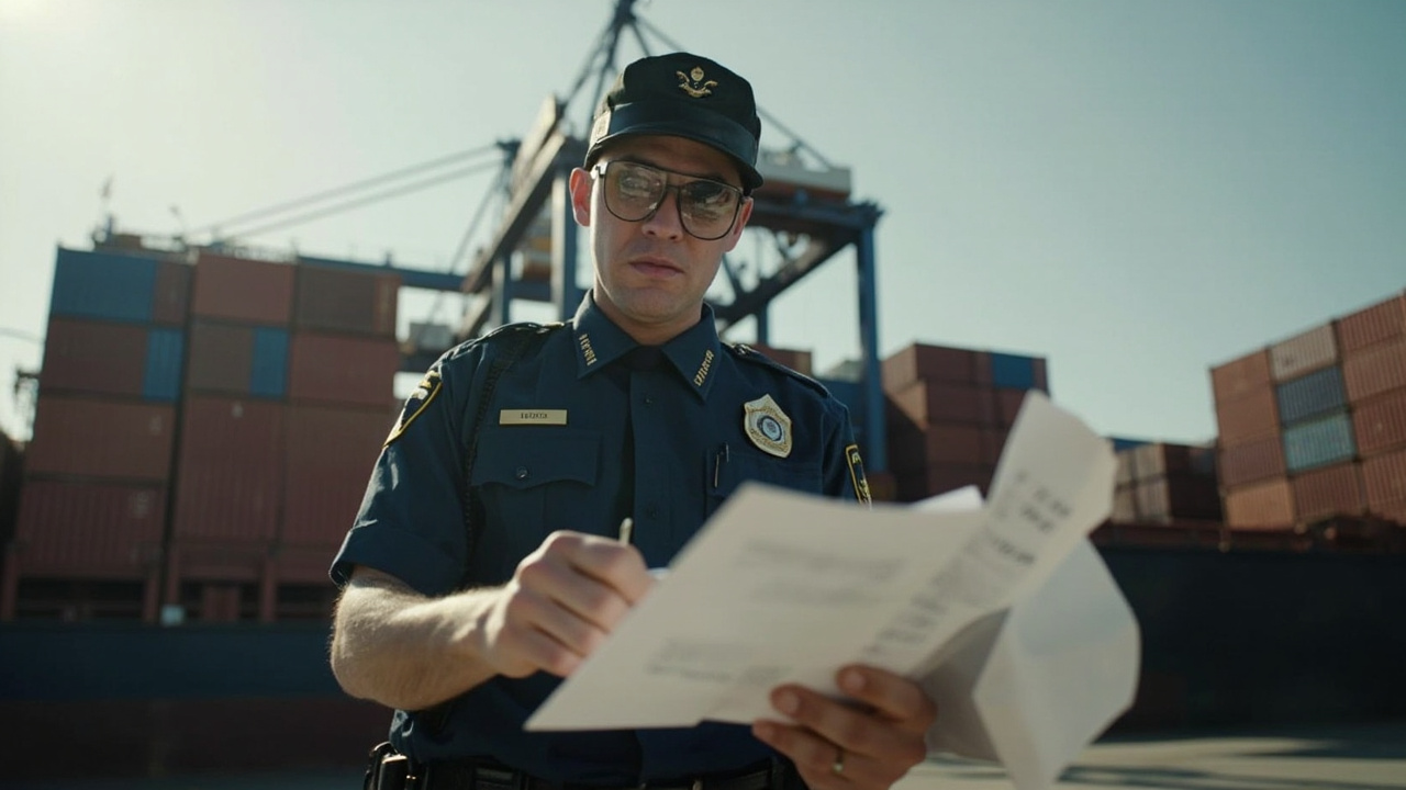 A US Customs officer examining shipping containers at a port, cranes visible overhead