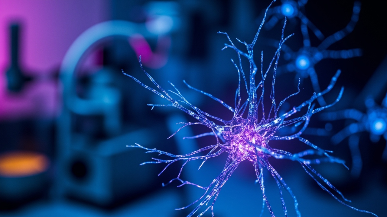 Close-up microscope visualization of neurons with tangles, rendered in blue and purple fluorescence