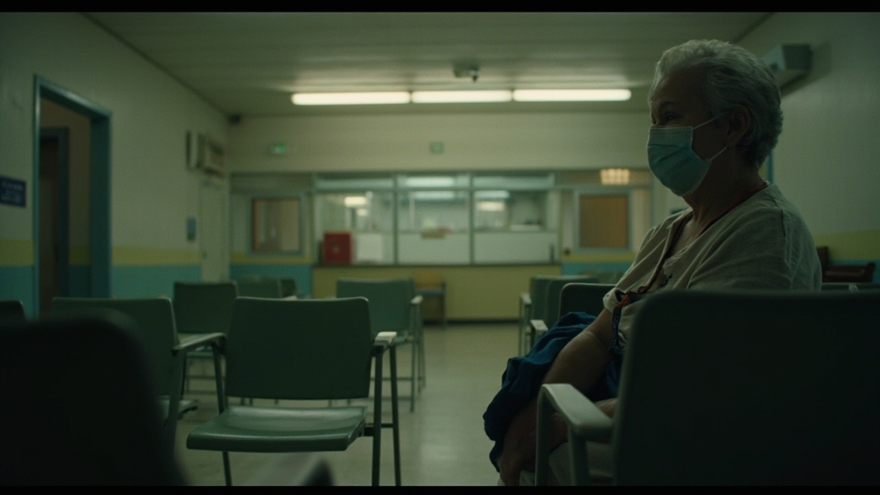 A woman sits in a sparse clinic waiting room, empty chairs around her, fluorescent light overhead