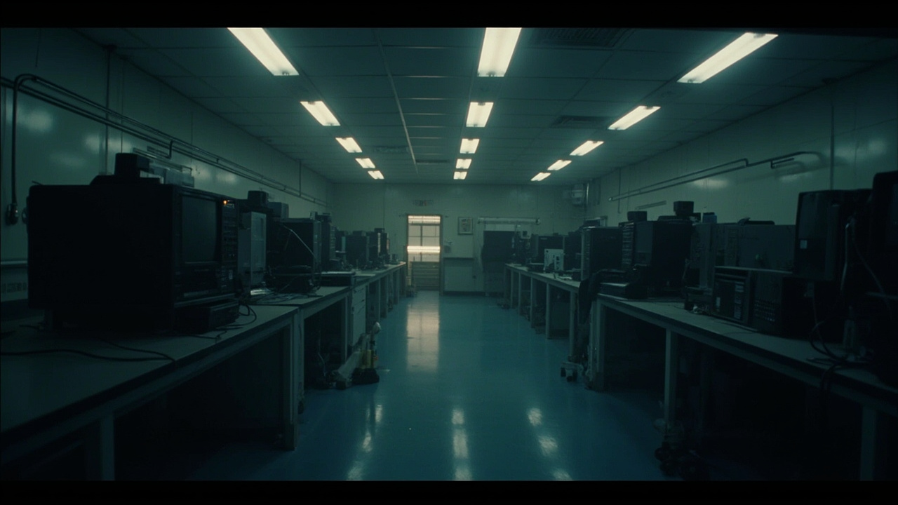 Empty CDC laboratory with idle equipment and dark computer screens