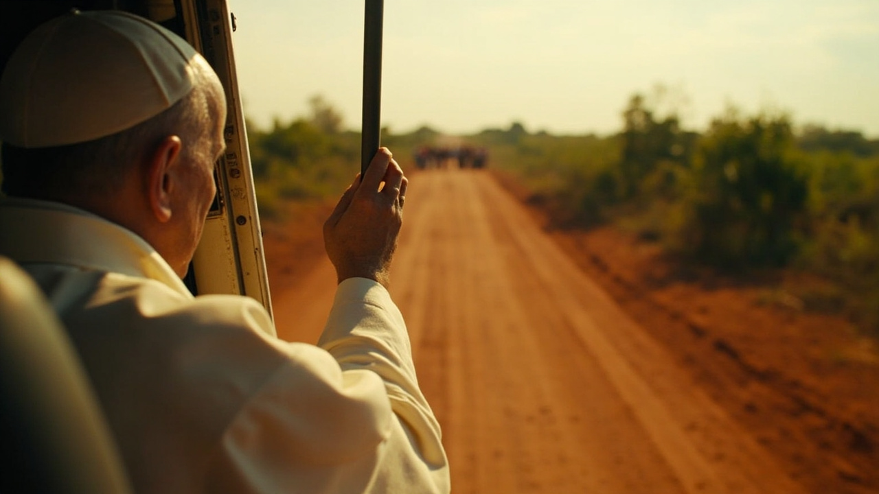 Pope Leo XIV addressing crowd from open-air vehicle in Africa, white papal vestments against red soil landscape