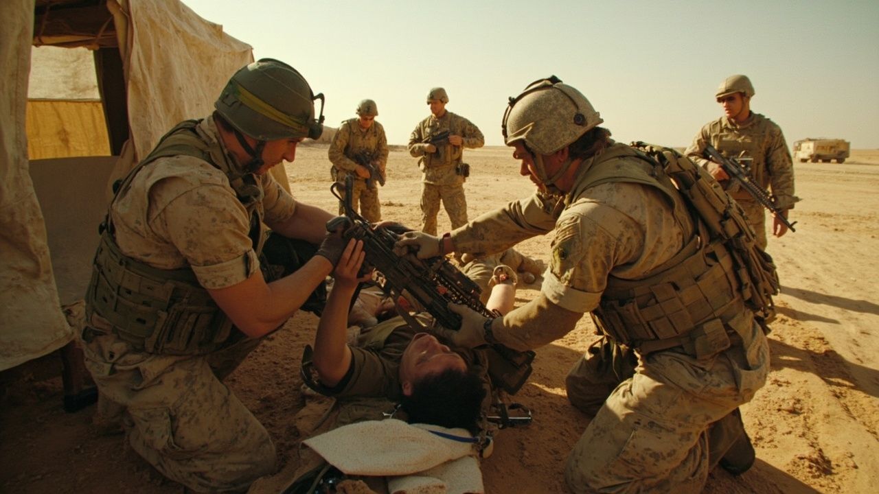 Military medical personnel treating wounded soldier at forward operating base, austere conditions