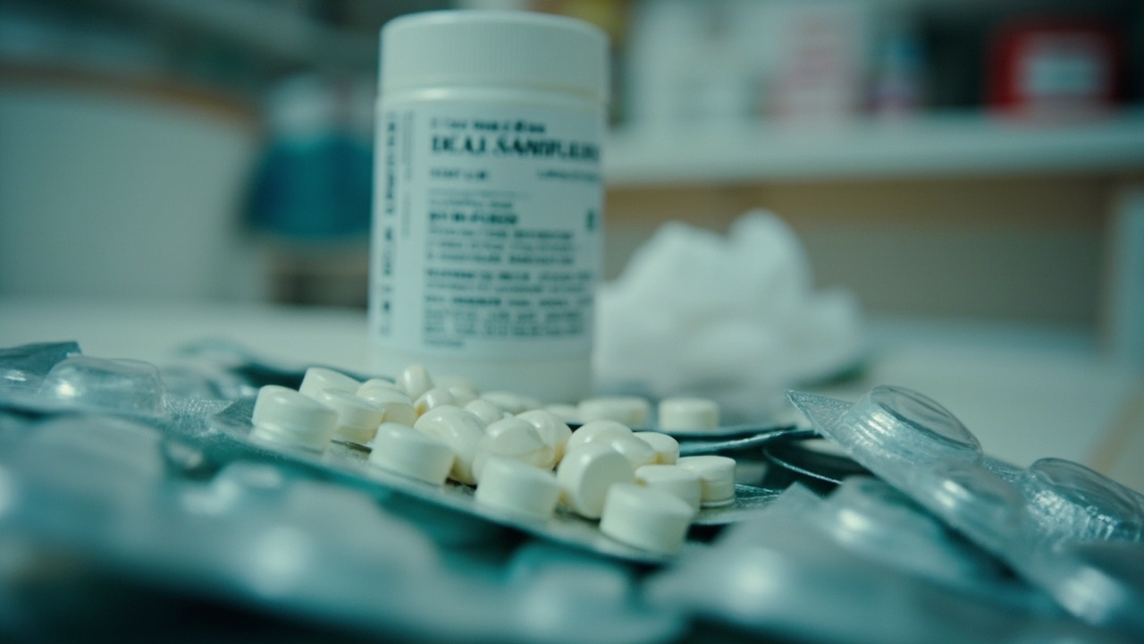 White pill bottle with prescription label, blister packs of medication beside it on a pharmacy counter