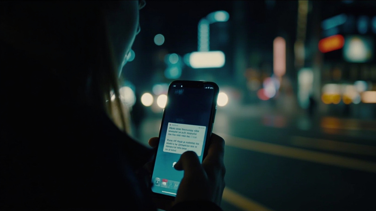 Person holding smartphone displaying a messaging app interface, city lights background