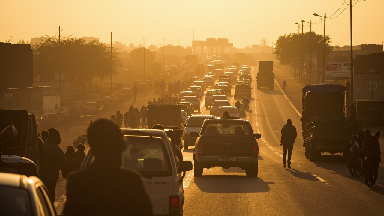 A long queue of vehicles waiting at a fuel station in an African city under harsh sunlight