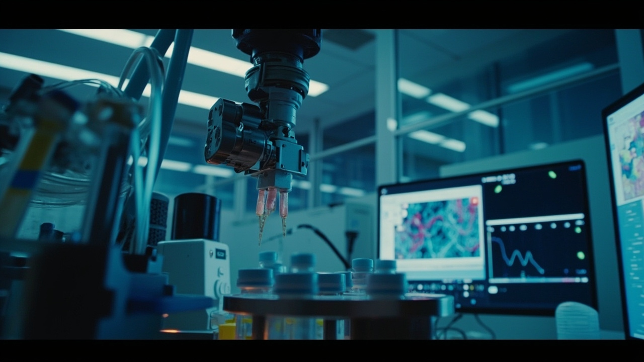 A modern biotech laboratory with robotic liquid handlers and computer screens showing molecular structures