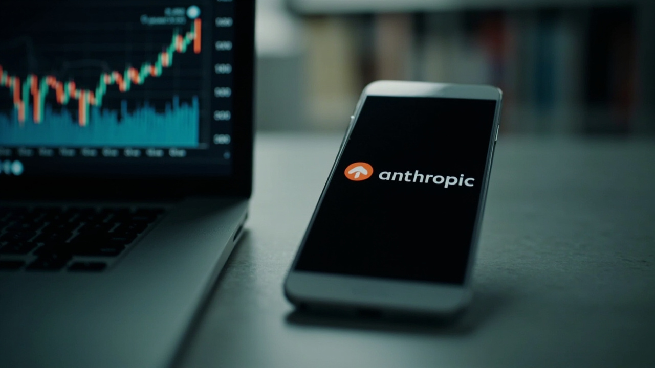 Anthropic logo displayed on a smartphone screen with financial charts in the background