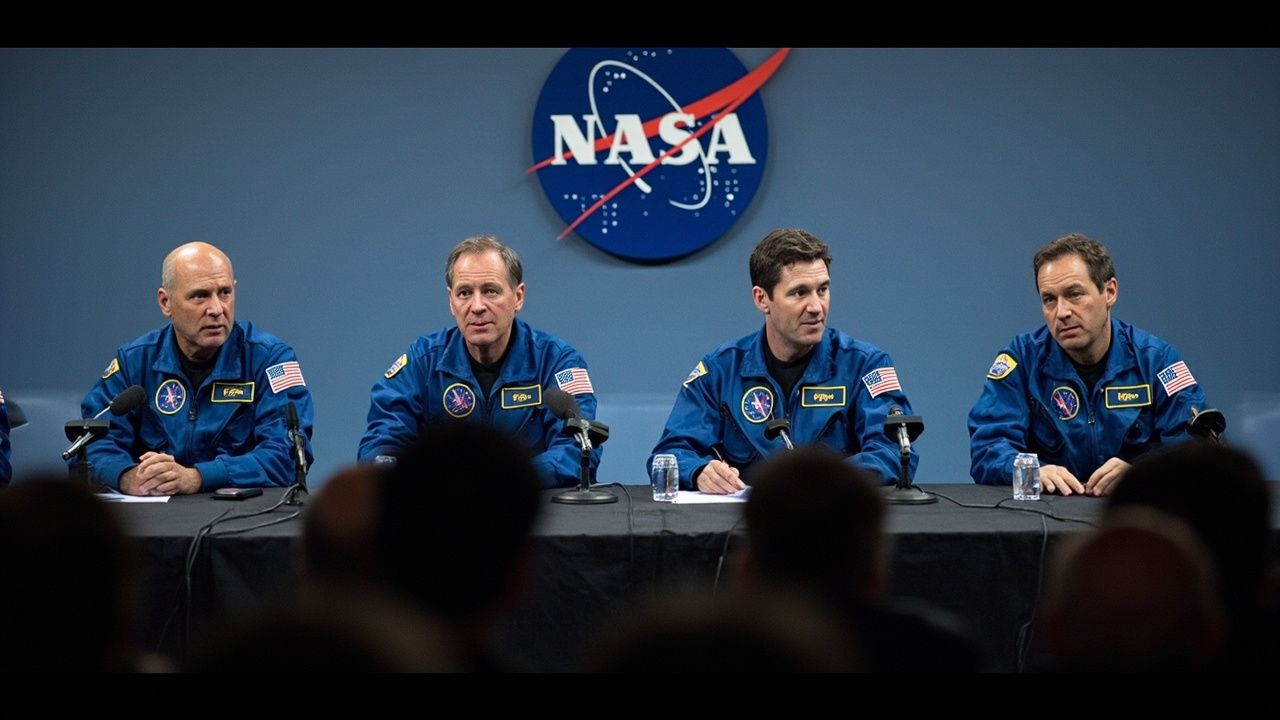 Four Artemis II astronauts seated at a press conference table with NASA logo backdrop and American flag