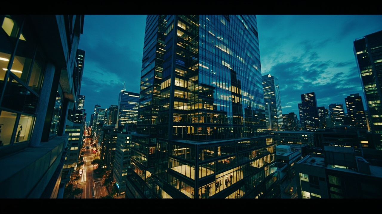 A Bank of America corporate tower reflected in glass at dusk with financial district lights glowing
