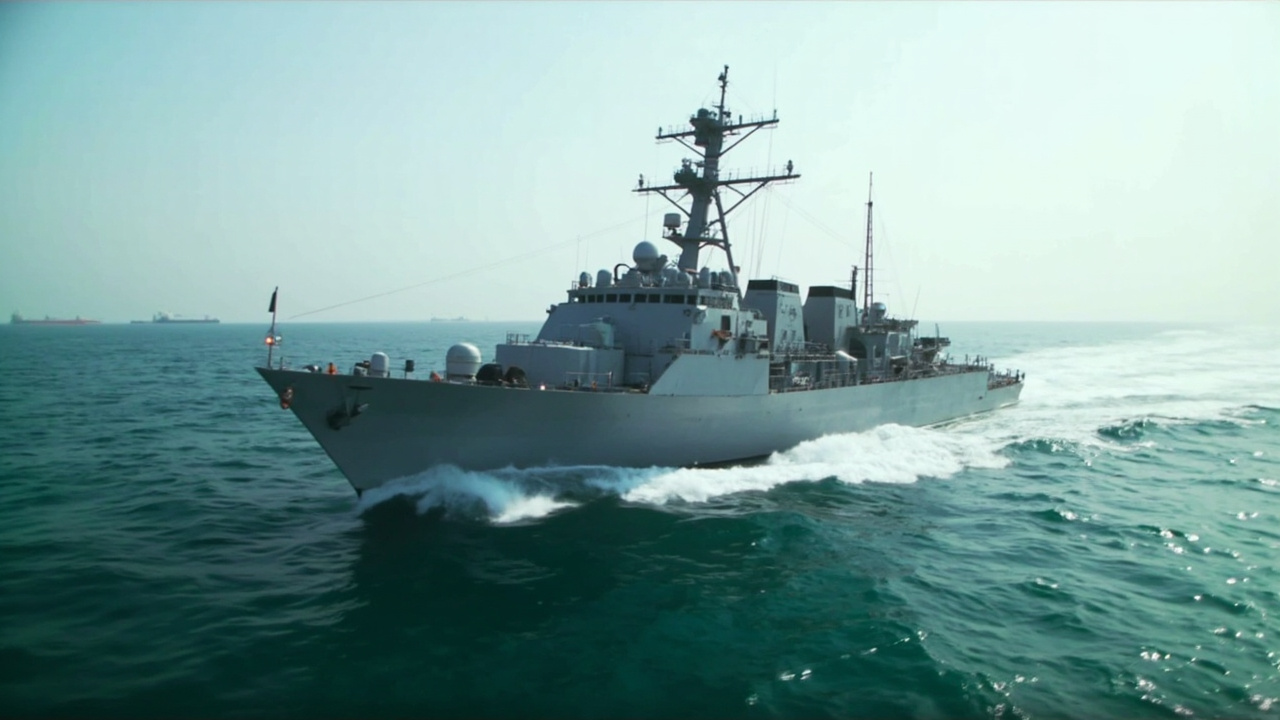 U.S. Navy destroyer patrolling the Gulf of Oman with tankers in the distance during the Iran blockade