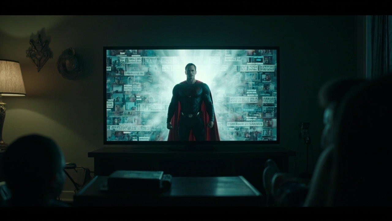 Television screen showing a superhero in American flag cape against a backdrop of real news footage