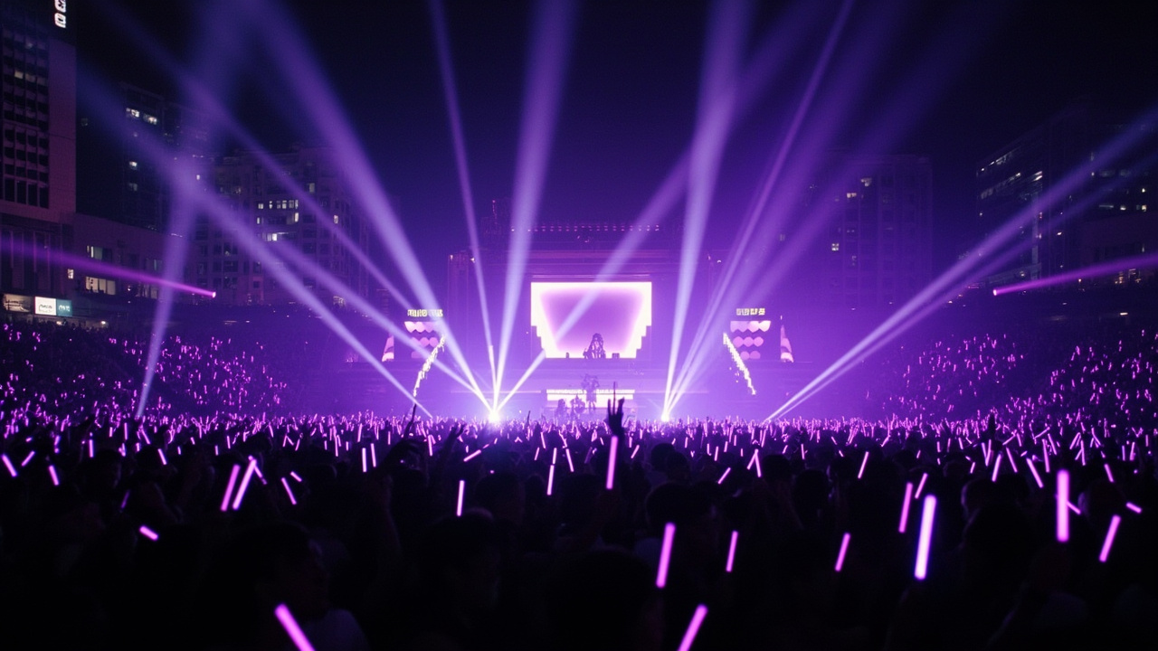 A massive outdoor concert stage in Seoul at night with thousands of fans