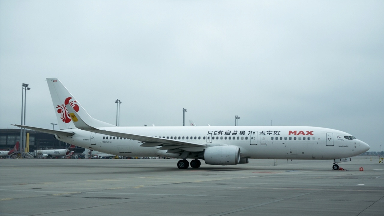 A Boeing 737 MAX parked on tarmac with Chinese airline livery, grounded